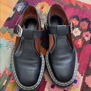 Proenza schouler Black Leather T-Strap. Lug sole Shoes with Silver Buckle